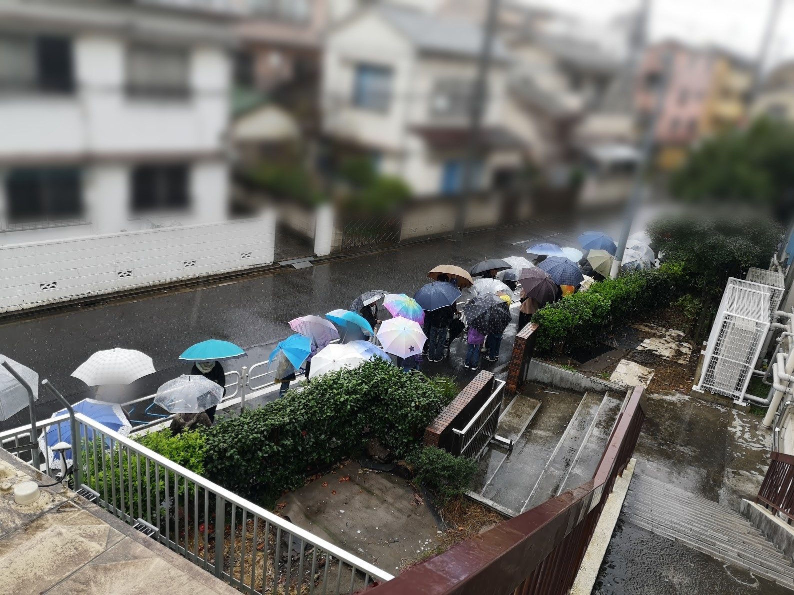雨の中、傘をさして学校の外に並ぶ長蛇の列
